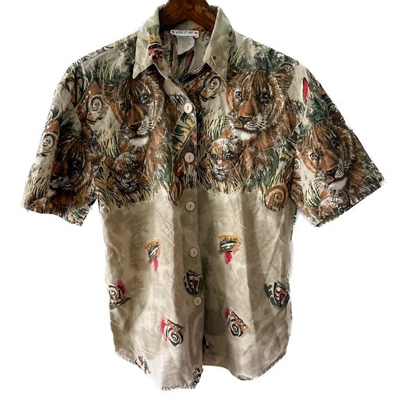 Vintage short sleeved button down safari shirt tiger & cub jungle print size M/L - Picture 1 of 8